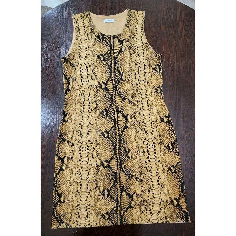 Calvin Klein Snakeskin Snake Print Stretch Sleeveless Midi Knit Sheath Dress L - Picture 1 of 6